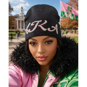 AKA Alpha‎ Kappa Alpha Beanie Black Women design with Pink & Green Logo